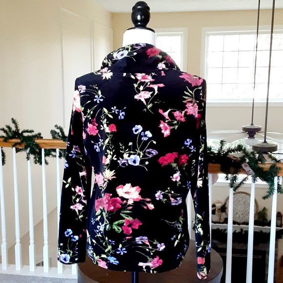 Black Floral Velour Jacket Size S with Gold Full Front Zipper. Oversize - Picture 5 of 8